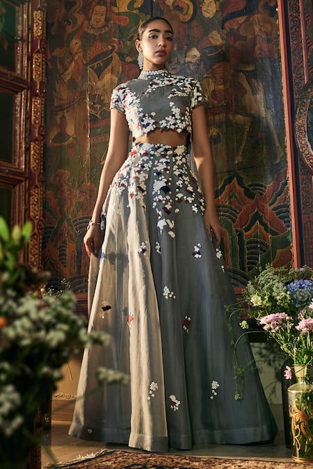 Sahil Kochhar Grey Organza Floral Embroidered Dress Set 