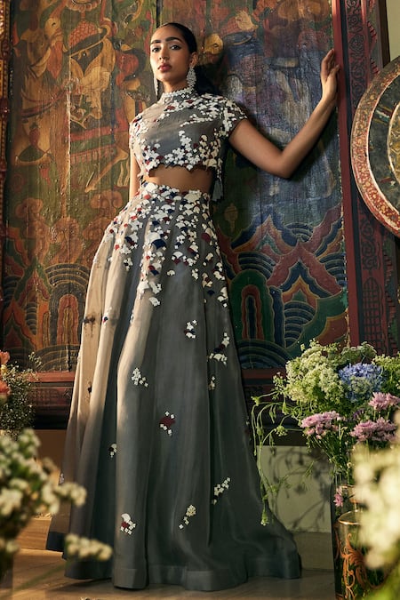 Sahil Kochhar_Gray Organza Embroidery, Fabric Flowers High Neck Grey Floral Dress Set _Online_at_Aza_Fashions
