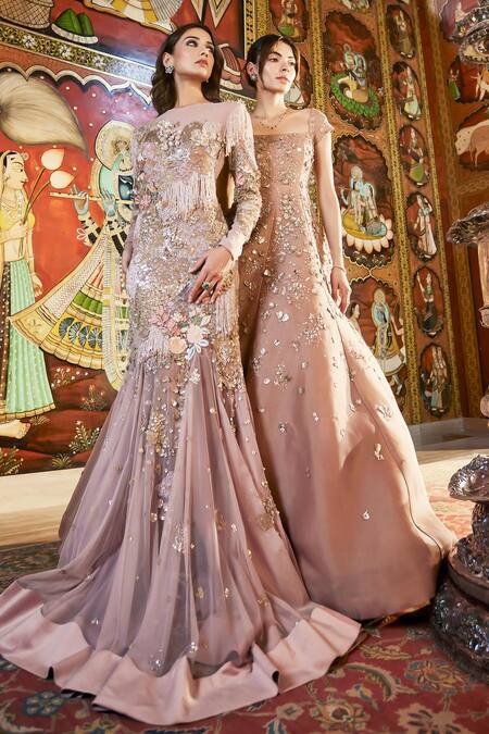 Buy Sahil Kochhar Pink Organza Sequins, Embroidery Square Neck Designer Gown With Sleeves Online at Aza Fashions Buy_Sahil Kochhar_Pink Organza Sequins, Embroidery Square Neck Designer Gown With Sleeves _Online_at_Aza_Fashions