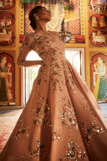 Sahil Kochhar_Beige Organza Sequins, Embroidery Round Neck Designer Gown _Online_at_Aza_Fashions