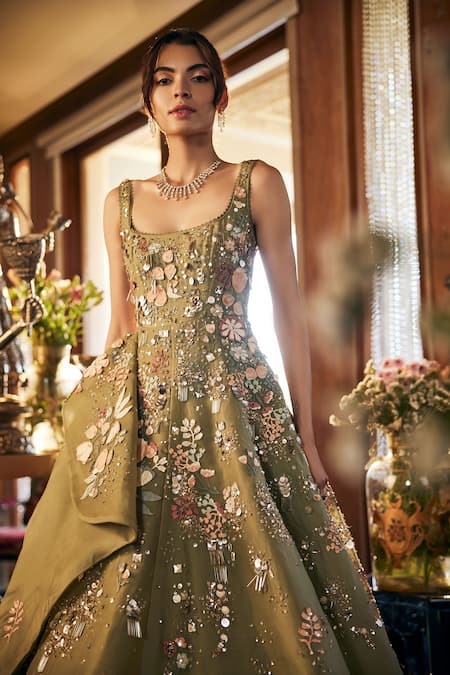 Sahil Kochhar Green Organza Embroidery, Sequins Square Neck Gown Online at Aza Fashions Sahil Kochhar_Green Organza Embroidery, Sequins Square Neck Gown _Online_at_Aza_Fashions