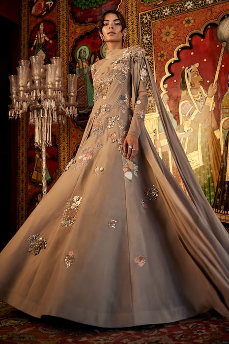 Sahil Kochhar Beige Organza Designer Gown 