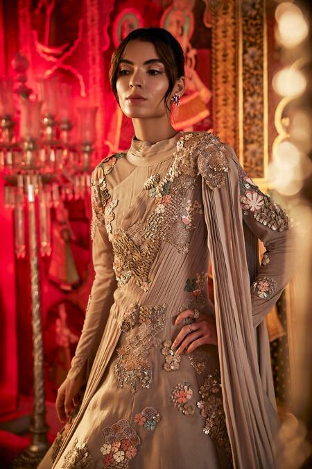 Sahil Kochhar Beige Organza Embroidery Round Neck Designer Gown Online at Aza Fashions Sahil Kochhar_Beige Organza Embroidery Round Neck Designer Gown _Online_at_Aza_Fashions