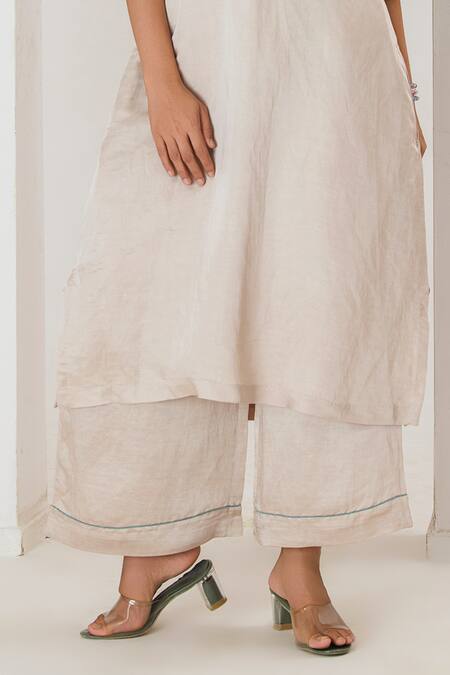 Buy_Saahiil Kapoor_Cream Linen, Satin Embroidery Round Neck Champagne Kurta And Pant Set _Online_at_Aza_Fashions