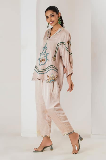 Saahiil Kapoor_Beige Linen, Satin Embroidery V-neck Champagne Tunic And Pant Set _Online_at_Aza_Fashions