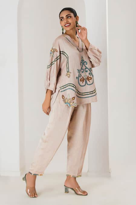 Buy_Saahiil Kapoor_Beige Linen, Satin Embroidery V-neck Champagne Tunic And Pant Set _Online_at_Aza_Fashions