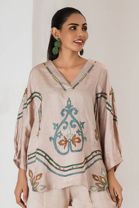 Shop_Saahiil Kapoor_Beige Linen, Satin Embroidery V-neck Champagne Tunic And Pant Set _Online_at_Aza_Fashions
