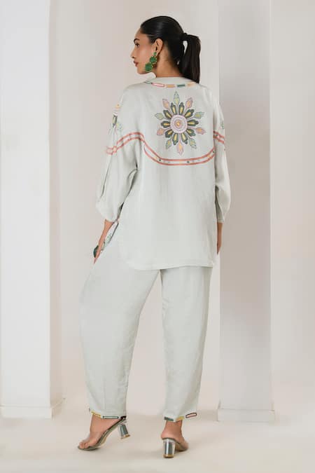 Saahiil Kapoor Mint Floral Embroidered Top & Pant Set 