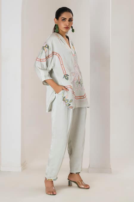 Buy_Saahiil Kapoor_Mint Linen, Satin Embroidery V-neck Floral Top And Pant Set _Online_at_Aza_Fashions