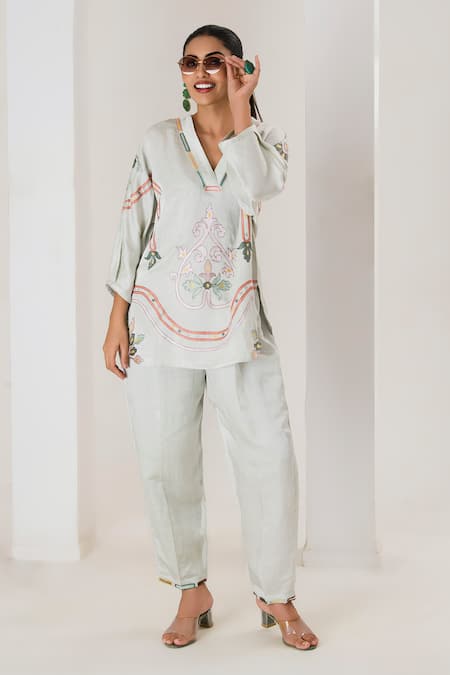 Saahiil Kapoor Mint Floral Embroidered Top & Pant Set 