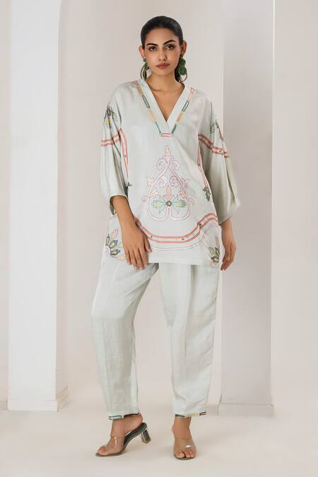 Shop_Saahiil Kapoor_Mint Linen, Satin Embroidery V-neck Floral Top And Pant Set _Online_at_Aza_Fashions