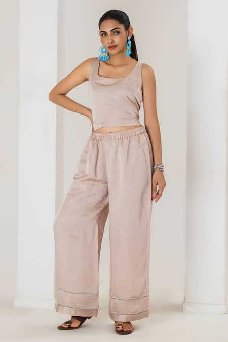 Saahiil Kapoor_Beige Linen, Satin Embroidery Round Neck Champagne Jacket Set _Online_at_Aza_Fashions