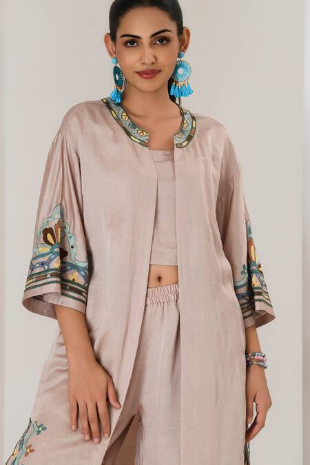 Saahiil Kapoor_Beige Linen, Satin Embroidery Round Neck Champagne Jacket Set _at_Aza_Fashions