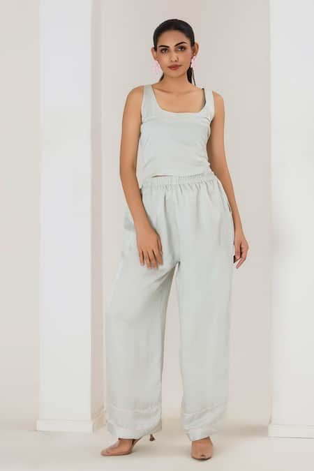 Saahiil Kapoor_Mint Linen, Satin Embroidery Square , Round Crop Top Pant Set _Online_at_Aza_Fashions