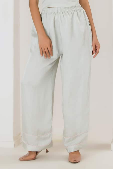 Buy_Saahiil Kapoor_Mint Linen, Satin Embroidery Square , Round Crop Top Pant Set _Online_at_Aza_Fashions