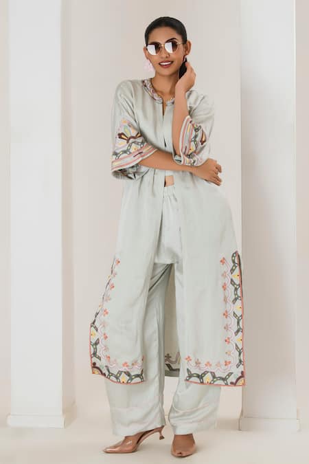 Saahiil Kapoor Mint Linen Satin Crop Top Pant Set 