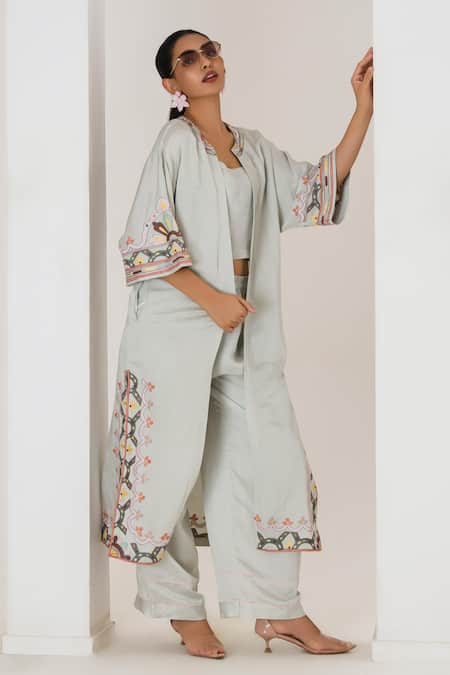 Shop_Saahiil Kapoor_Mint Linen, Satin Embroidery Square , Round Crop Top Pant Set _Online_at_Aza_Fashions