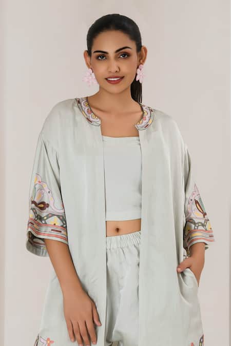 Buy_Saahiil Kapoor_Mint Linen, Satin Embroidery Square , Round Crop Top Pant Set 