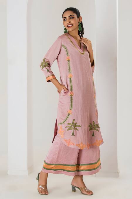 Shop_Saahiil Kapoor_Pink Linen, Satin Embroidery V-neck Dusty Rose Kurta And Pant Set _Online_at_Aza_Fashions