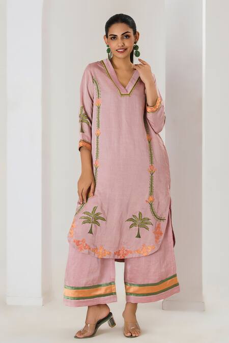 Saahiil Kapoor_Pink Linen, Satin Embroidery V-neck Dusty Rose Kurta And Pant Set _at_Aza_Fashions