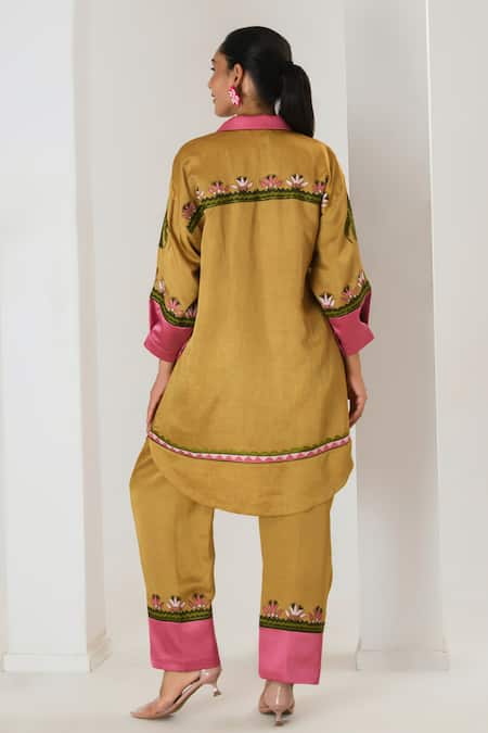 Saahiil Kapoor Mustard Embroidered Shirt & Pant Set 