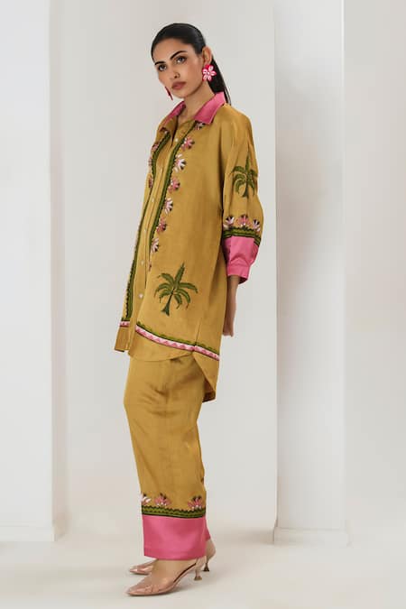 Saahiil Kapoor_Mustard Linen, Satin Embroidery Collared Shirt And Pant Set _Online_at_Aza_Fashions