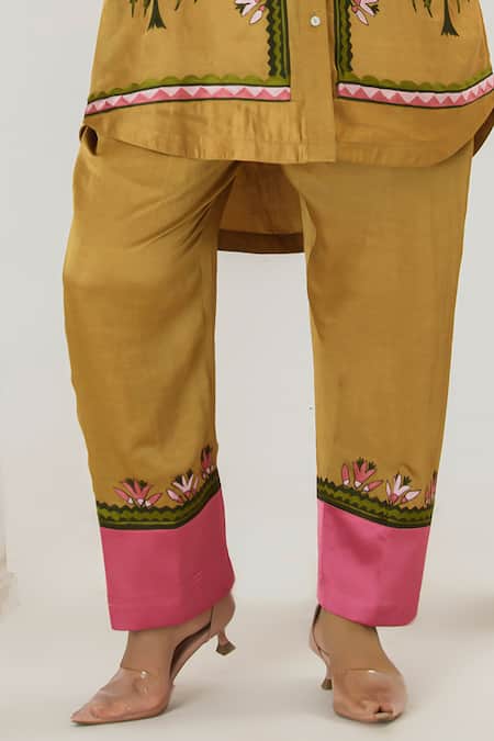 Buy_Saahiil Kapoor_Mustard Linen, Satin Embroidery Collared Shirt And Pant Set _Online_at_Aza_Fashions