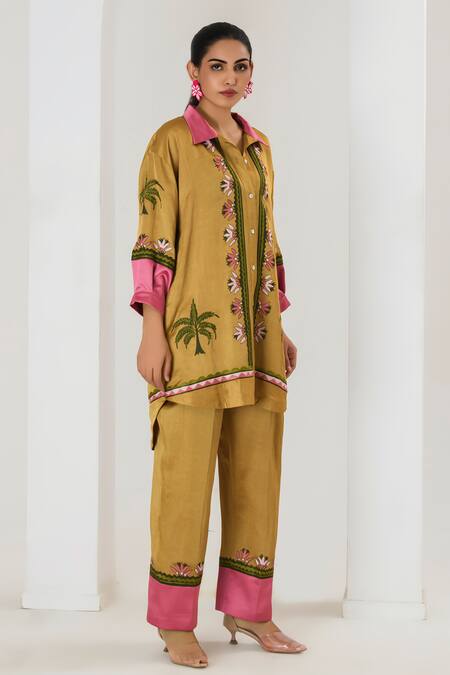 Shop_Saahiil Kapoor_Mustard Linen, Satin Embroidery Collared Shirt And Pant Set _Online_at_Aza_Fashions