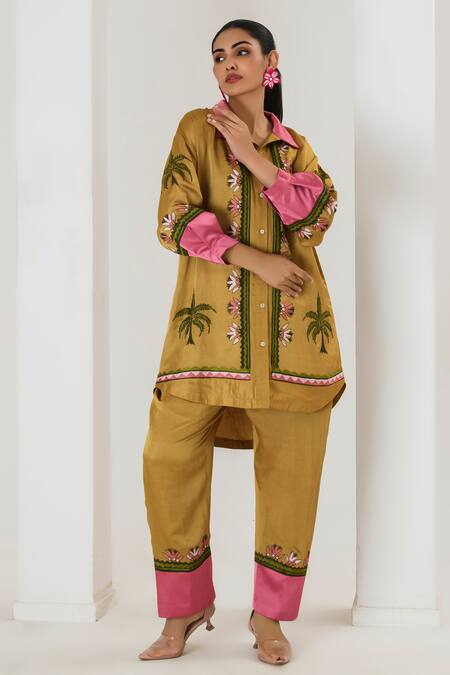 Saahiil Kapoor_Mustard Linen, Satin Embroidery Collared Shirt And Pant Set _at_Aza_Fashions