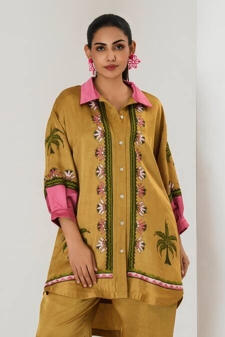 Buy_Saahiil Kapoor_Mustard Linen, Satin Embroidery Collared Shirt And Pant Set 
