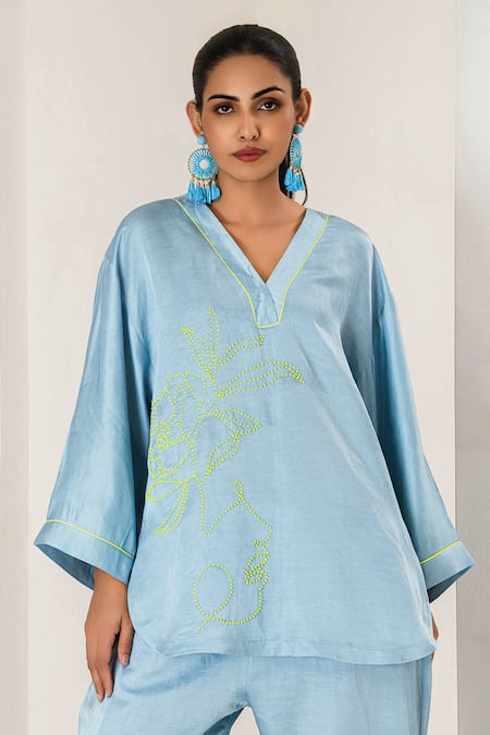 Saahiil Kapoor Sky Blue Linen, Satin Embroidery V-neck Designer Top And Pant Set Online at Aza Fashions Saahiil Kapoor_Sky Blue Linen, Satin Embroidery V-neck Designer Top And Pant Set _Online_at_Aza_Fashions