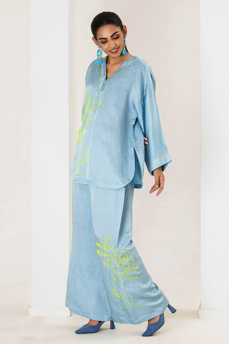 Buy Saahiil Kapoor Sky Blue Linen, Satin Embroidery V-neck Designer Top And Pant Set Online at Aza Fashions Buy_Saahiil Kapoor_Sky Blue Linen, Satin Embroidery V-neck Designer Top And Pant Set _Online_at_Aza_Fashions
