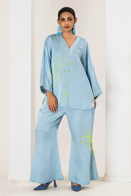 Shop Saahiil Kapoor Sky Blue Linen, Satin Embroidery V-neck Designer Top And Pant Set Online at Aza Fashions Shop_Saahiil Kapoor_Sky Blue Linen, Satin Embroidery V-neck Designer Top And Pant Set _Online_at_Aza_Fashions