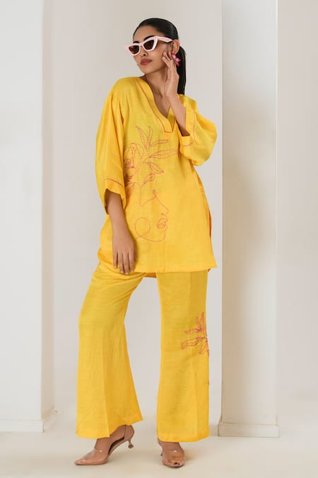 Saahiil Kapoor Yellow Floral Embroidered Top & Pant Set 