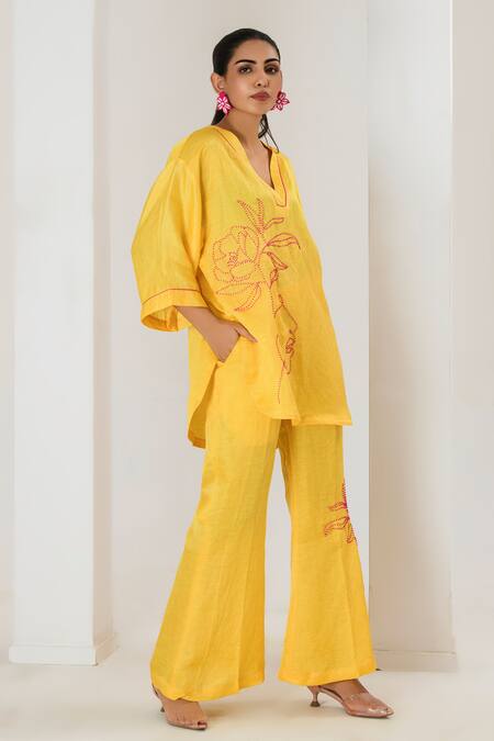 Shop_Saahiil Kapoor_Yellow Linen, Satin Embroidery Split V-neck Floral Top And Pant Set _Online_at_Aza_Fashions