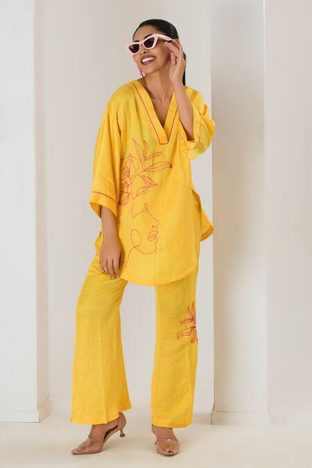 Saahiil Kapoor_Yellow Linen, Satin Embroidery Split V-neck Floral Top And Pant Set _at_Aza_Fashions