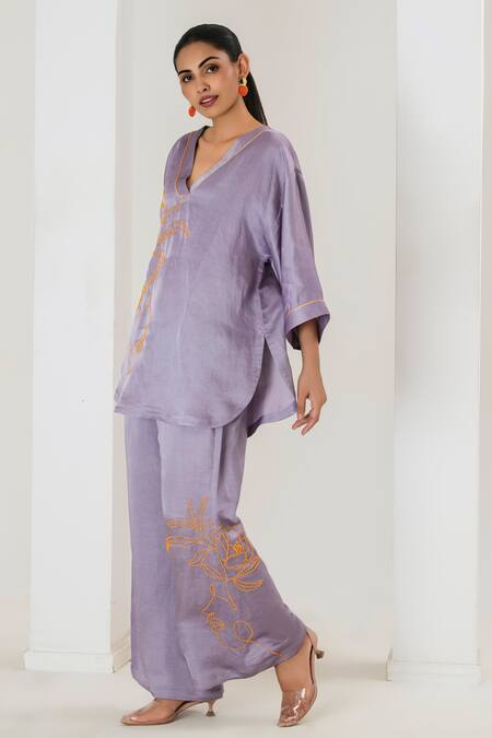 Buy Saahiil Kapoor Lilac Linen, Satin Embroidery V-neck Top And Pant Set Online at Aza Fashions Buy_Saahiil Kapoor_Lilac Linen, Satin Embroidery V-neck Top And Pant Set _Online_at_Aza_Fashions