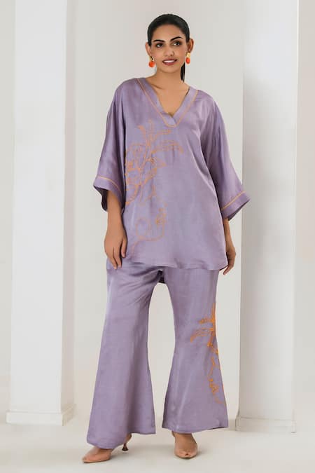 Shop Saahiil Kapoor Lilac Linen, Satin Embroidery V-neck Top And Pant Set Online at Aza Fashions Shop_Saahiil Kapoor_Lilac Linen, Satin Embroidery V-neck Top And Pant Set _Online_at_Aza_Fashions
