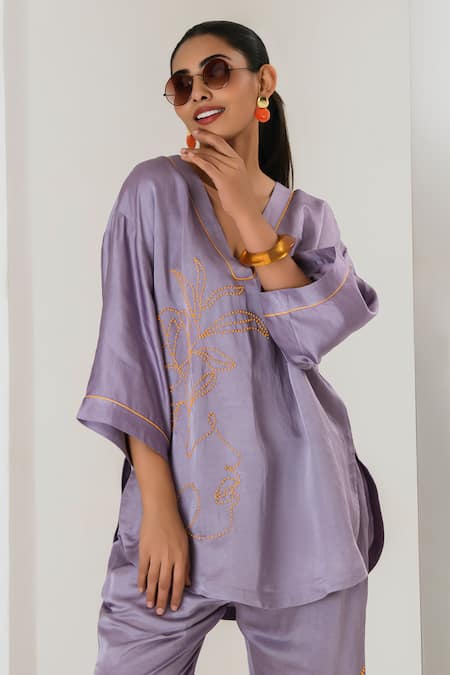 Saahiil Kapoor Lilac Linen, Satin Embroidery V-neck Top And Pant Set at Aza Fashions Saahiil Kapoor_Lilac Linen, Satin Embroidery V-neck Top And Pant Set _at_Aza_Fashions