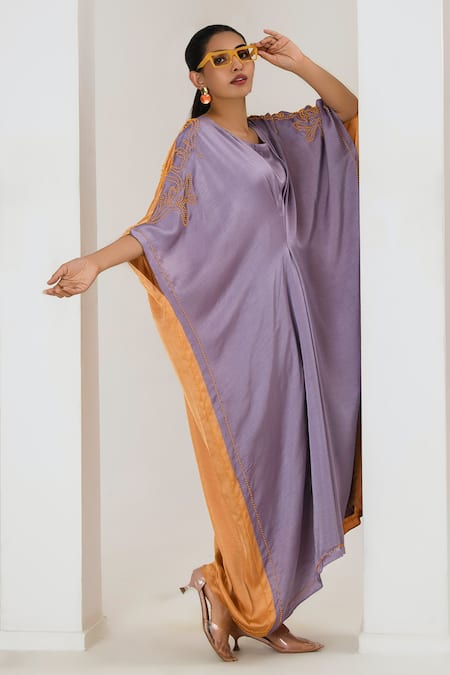 Saahiil Kapoor_Multi Color Silk Embroidery Round Neck Block Kaftan _Online_at_Aza_Fashions