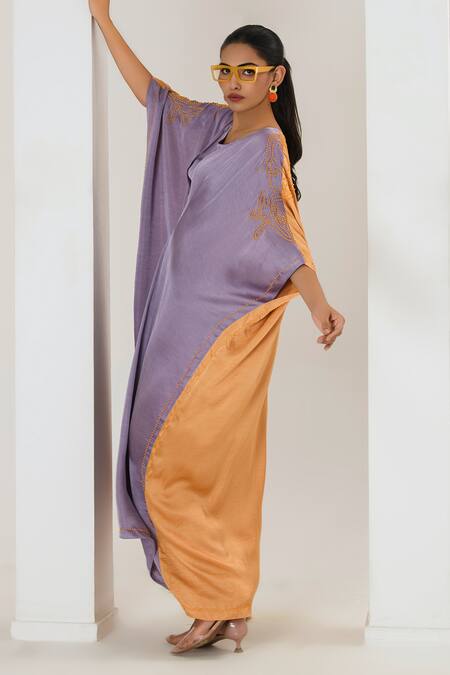 Buy_Saahiil Kapoor_Multi Color Silk Embroidery Round Neck Block Kaftan _Online_at_Aza_Fashions