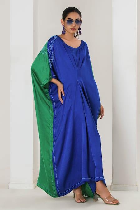 Saahiil Kapoor_Blue Silk Embroidery Round Neck Two Tone Kaftan  _Online_at_Aza_Fashions