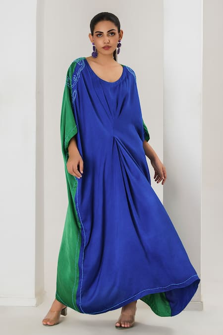 Shop_Saahiil Kapoor_Blue Silk Embroidery Round Neck Two Tone Kaftan  _Online_at_Aza_Fashions
