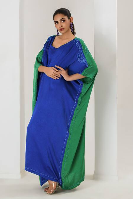 Saahiil Kapoor_Blue Silk Embroidery Round Neck Two Tone Kaftan  _at_Aza_Fashions