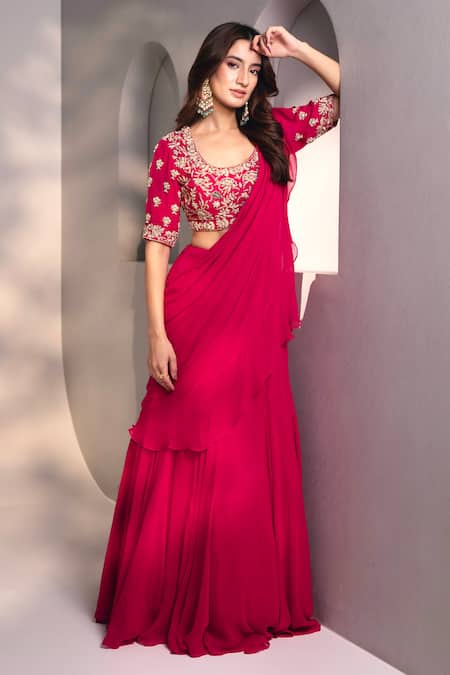 Buy_Dajwaree_Pink Georgette Embroidery, Sequins Round Neck Designer Saree Set _Online_at_Aza_Fashions