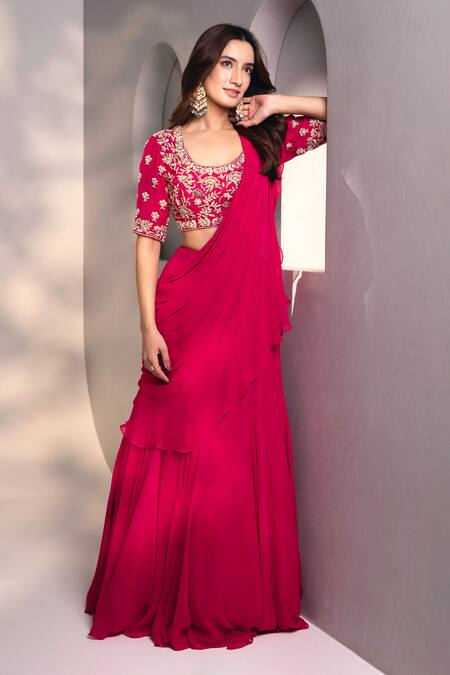 Dajwaree_Pink Georgette Embroidery, Sequins Round Neck Designer Saree Set _at_Aza_Fashions