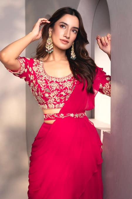 Buy_Dajwaree_Pink Georgette Embroidery, Sequins Round Neck Designer Saree Set 