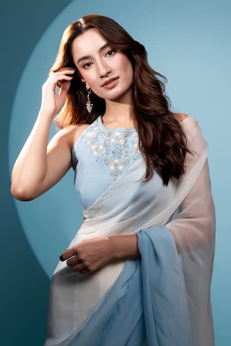 Shop_Dajwaree_Blue Organza, Silk Embroidery Round Neck Designer Saree Set _Online_at_Aza_Fashions