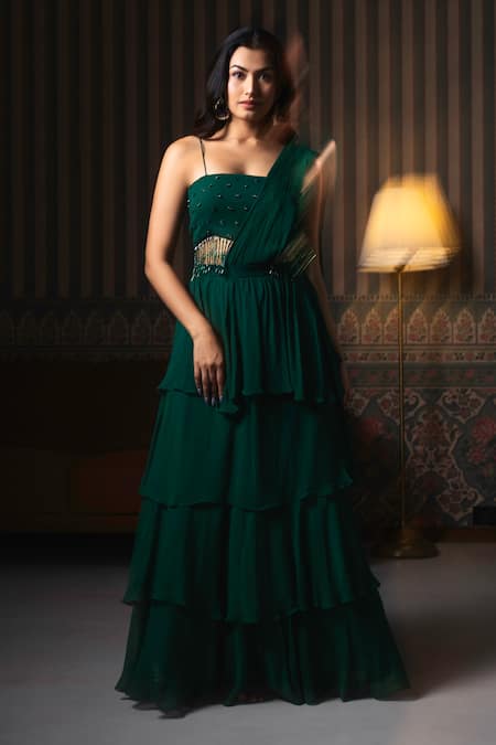 Dajwaree Green Pre-Draped Saree Set 