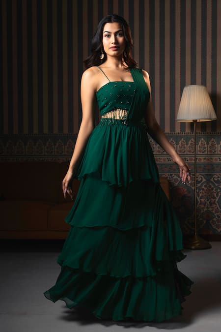 Dajwaree Green Pre-Draped Saree Set 